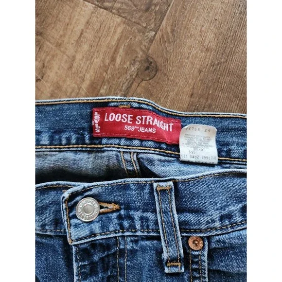 LEVI'S 569 Straight Leg High Rise Dark Wash Blue Denim Jeans Men's Size 34W 30L - Picture 2 of 9